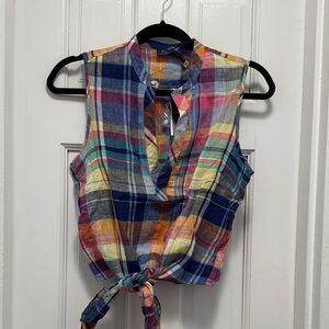Polo by Ralph Lauren Multicolor Plaid Tie-Front Sleeveless Linen Shirt